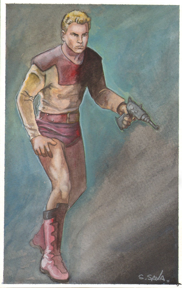 Buster Crabbe Flash Gordon Watercolor Painting...