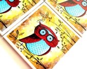 Red Owl Coasters, Ceramic Tiles, MADART Peekaboo Owl Art, Megan Duncanson, Owl Art