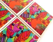 Neon Coasters, Ceramic Tile Drink Set, Pink Bird, Jewelry Gems, Red Fruit Leaves, Table Protection