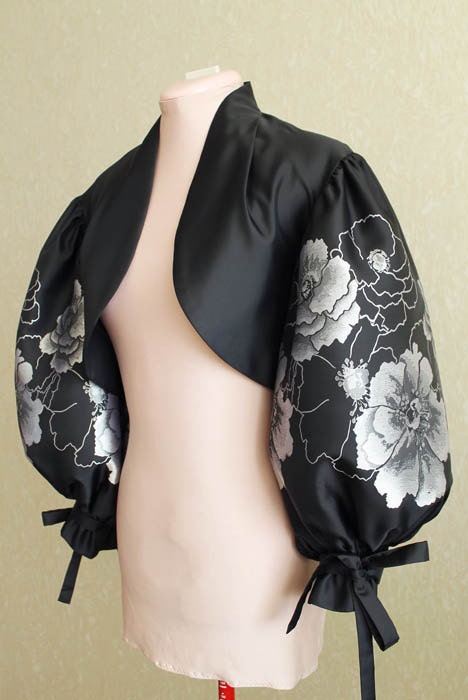 OOAK Black Taffeta Bolero Jacket Luxury Wedding Bridal Bolero Jacket with the Silvery Flowers Jacquard Ornament - Small or Medium Size