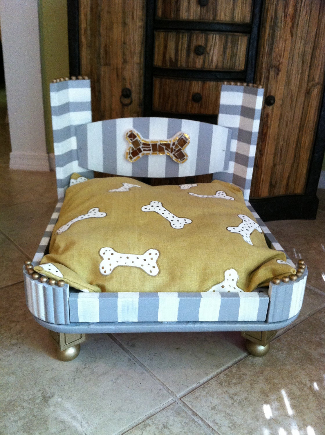 Sale FREE SHIPPING...Hollywood Style hand painted dog pet bed with hand painted cushion - Gray and White with Mosaic Bone