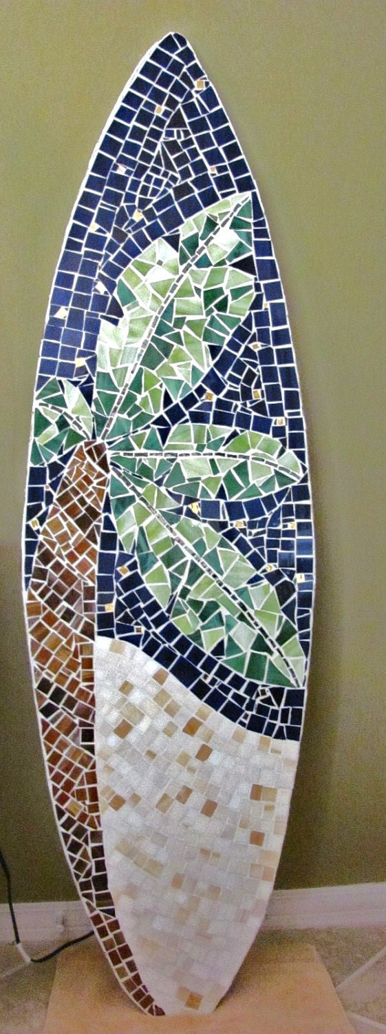 Stained Glass Mosaic Surfboard 5ft Wall Art on Wood Base. Made to Order - Palm Tree, Sand and Sky