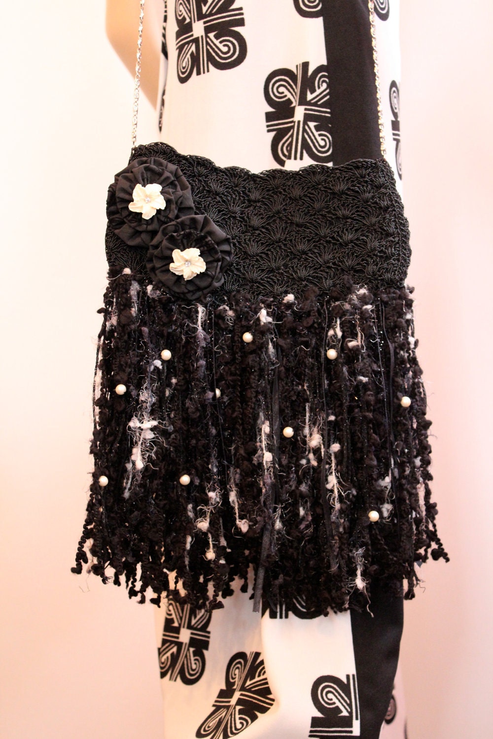 Vintage Clutch Purse Upcycled Black Beaded Shoulder Bag