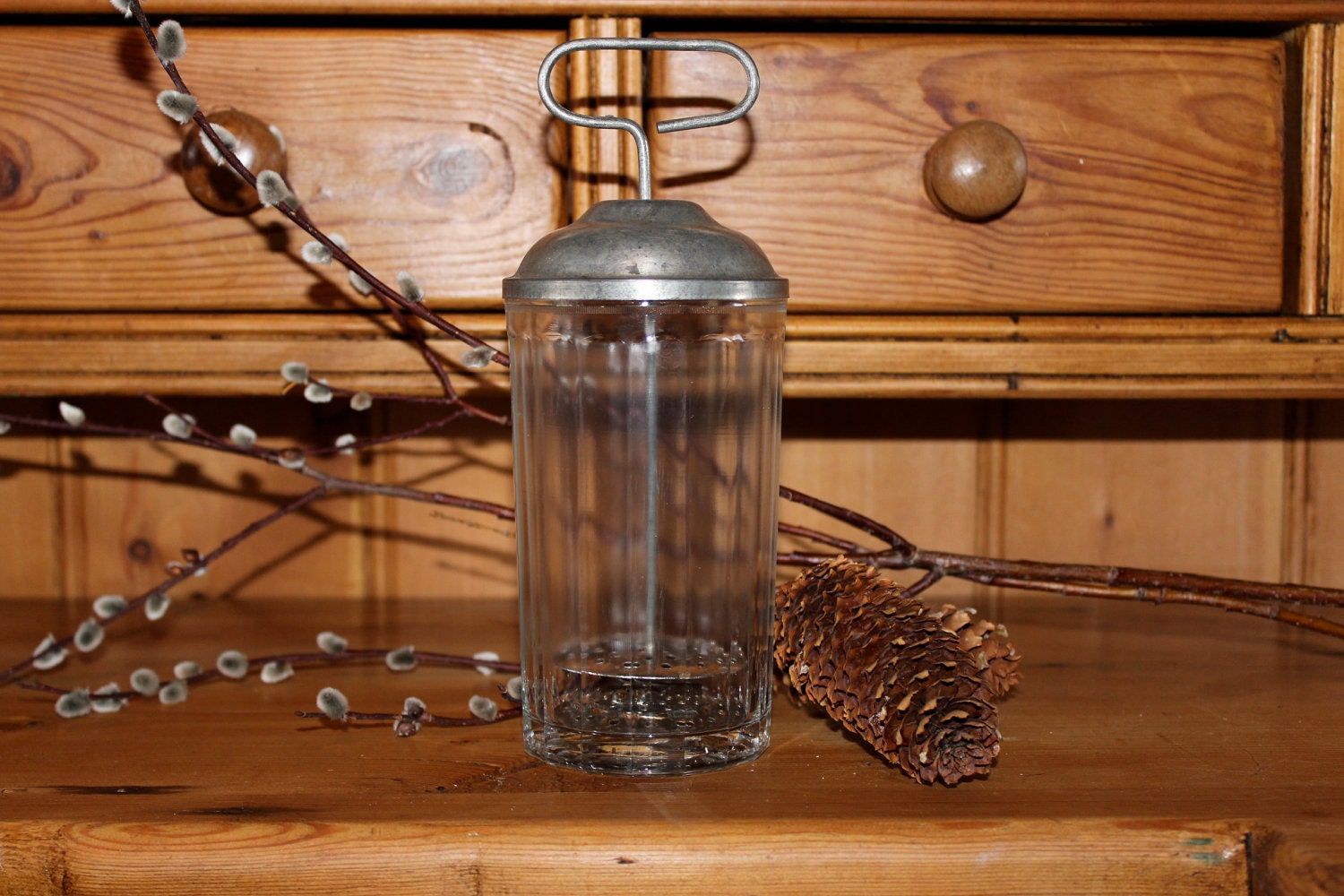Vintage Glass Jar with Lid and Press Depression