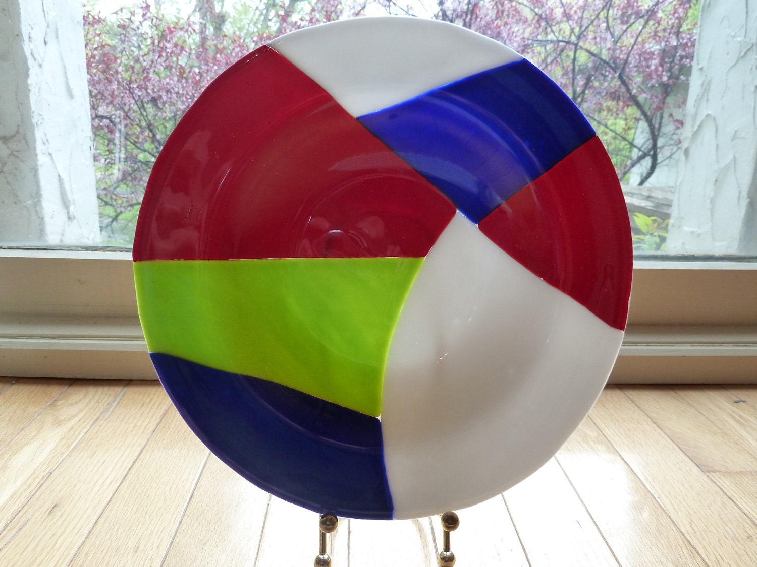 Modern Geometric Green, White, Blue and Red Fused Glass Serving Bowl