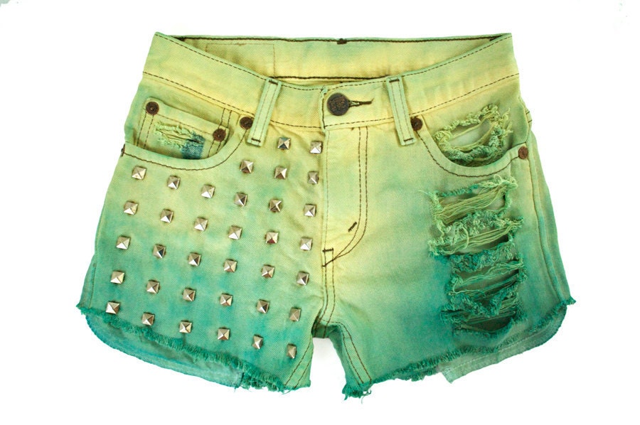RESERVED FOR CARINA: Ombre Studded Hand Dyed Green Pastel Yellow Teal Mint Hipster Handmade Dip Dyed Boho Coachella Denim Cut Offs Shorts