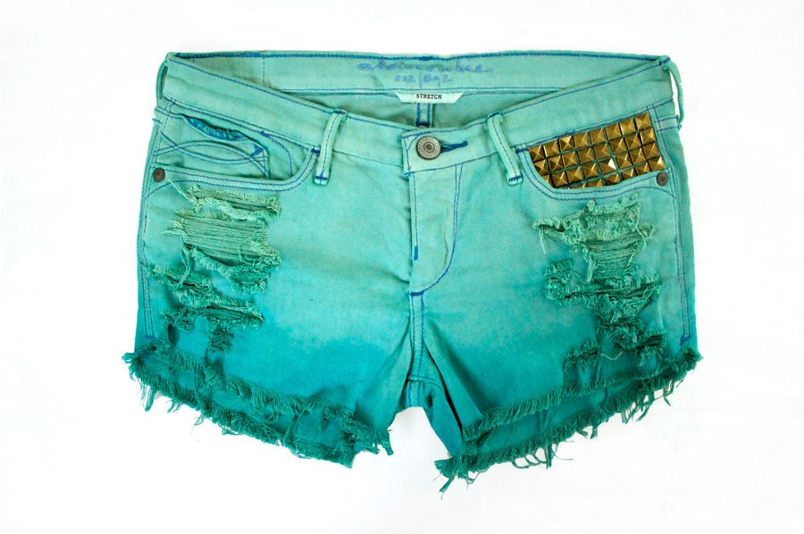 Tribal Aztec Navajo Southwestern Ethnic Print Teal Mint Ombre Dyed Studded Handmade Denim Destroyed Boho Coachella Hipster Cut Offs Shorts