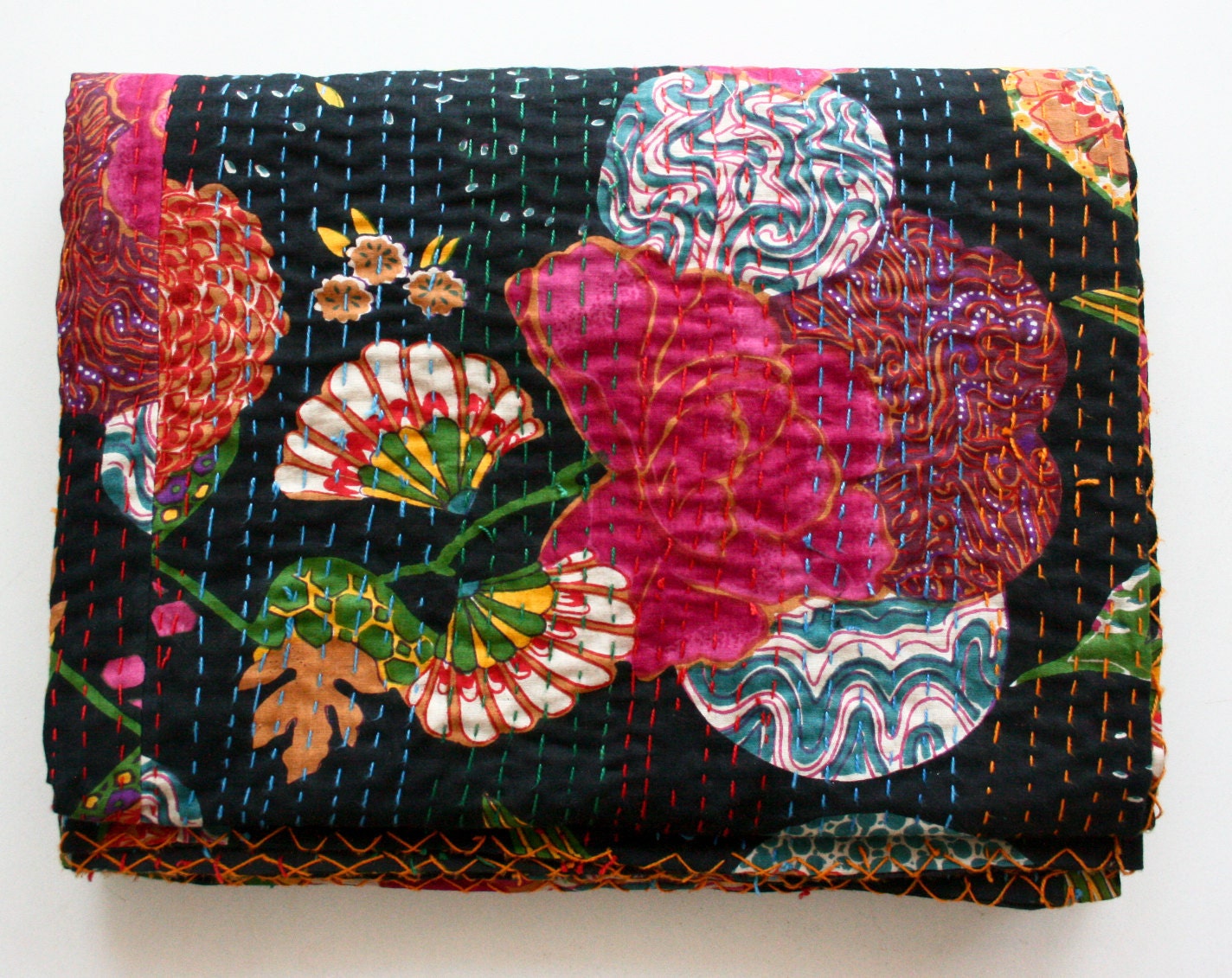 Queen or King Blanket - Handmade Black Queen and King Floral Bed Cover