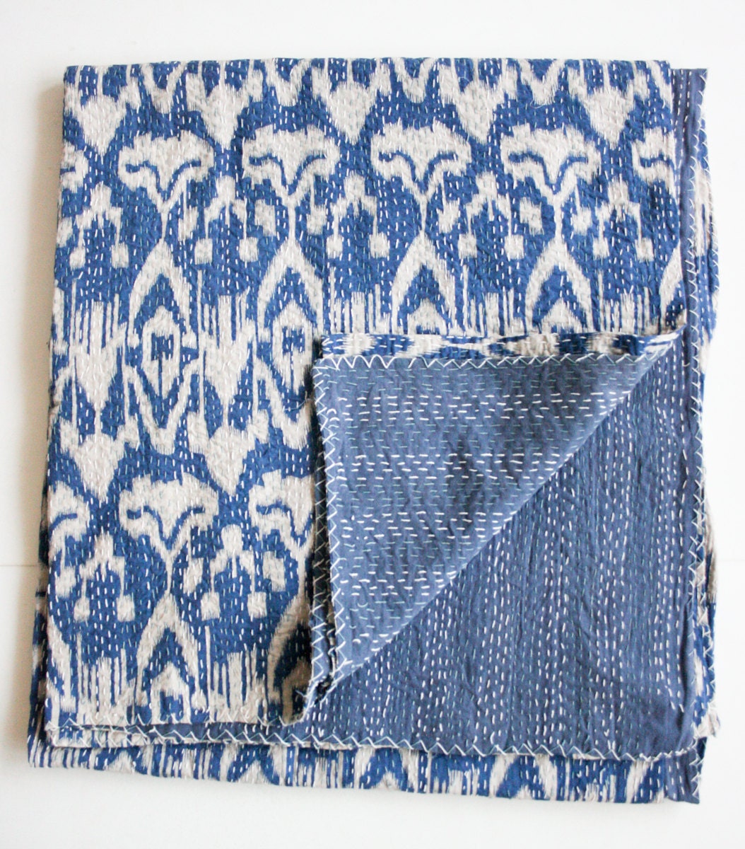 King Size Bed Cover in Blue Ikat