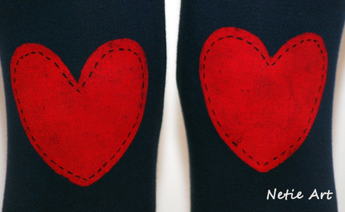 Red heart patched leggings, tights in navy