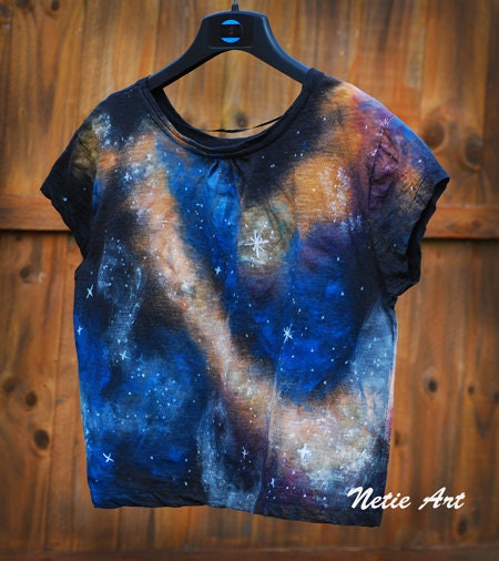 Hand painted galaxy nebula space universe stars oversized top t shirt