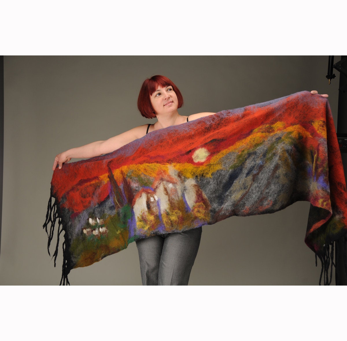 Felted Scarf Cobweb Wool Silk Shawl Earth color , nuno felting scarf