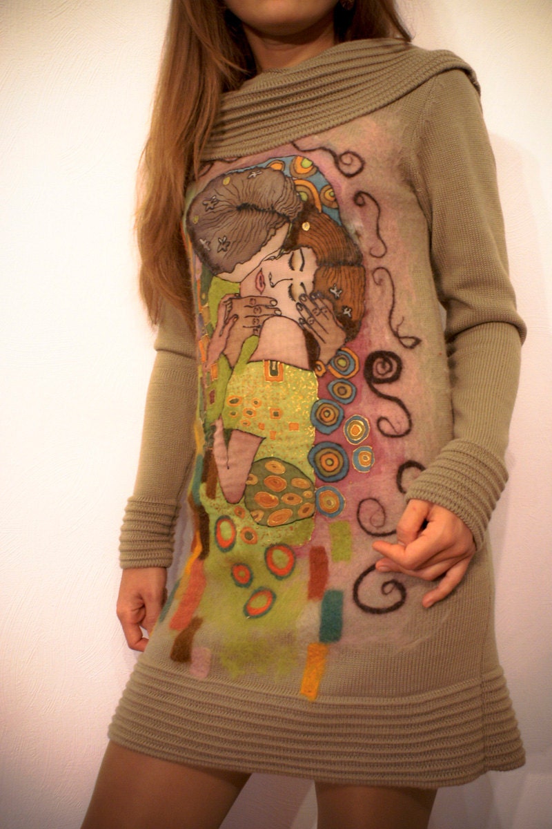 Wrap dress-tunic in Golden Tan Color Batik Wool Knitted warm dress KISS by Klimt  Party, Work dress, size S