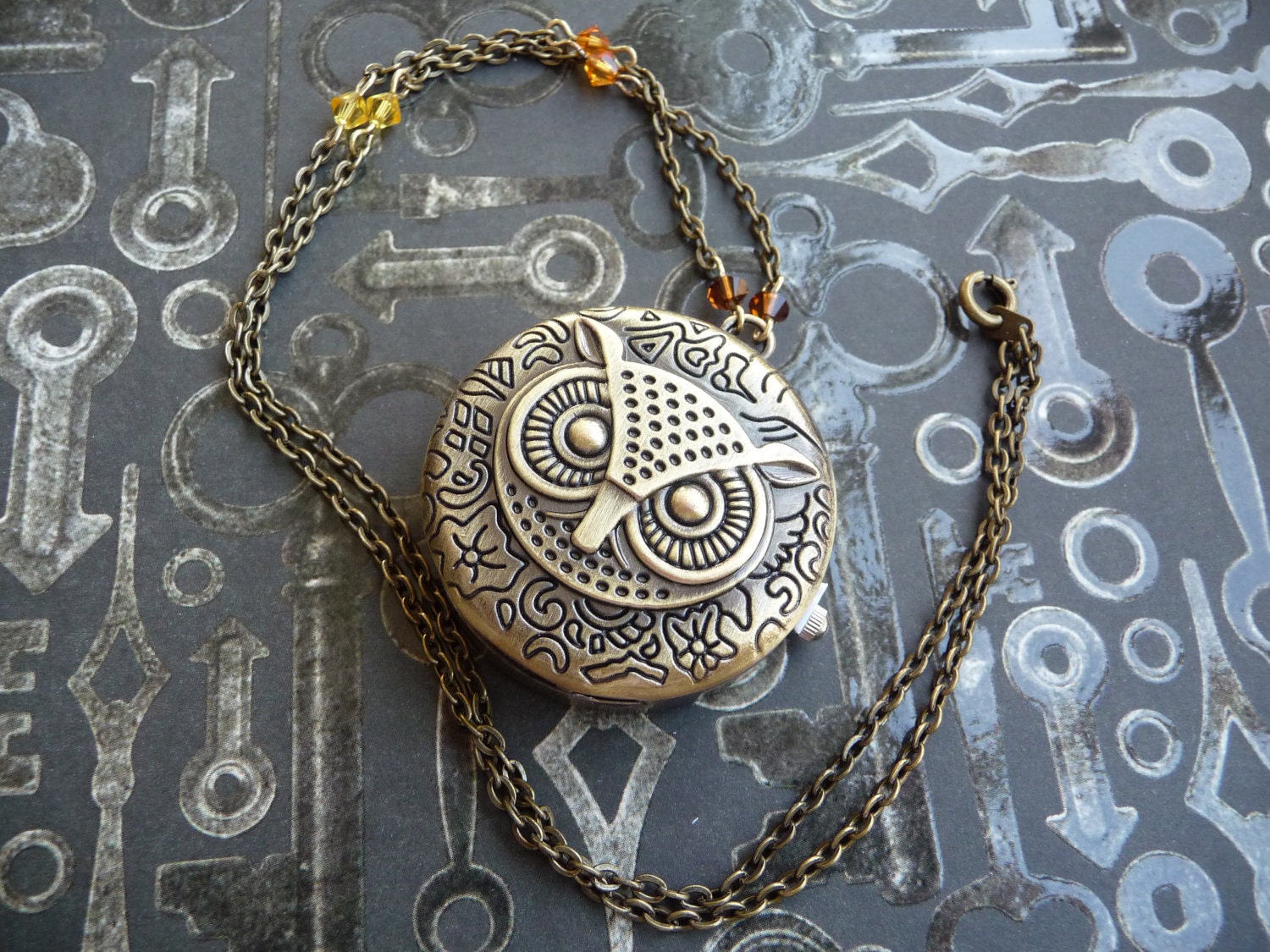 Owl Watch Pendant Necklace with Swarovski Crystals by vintagerust