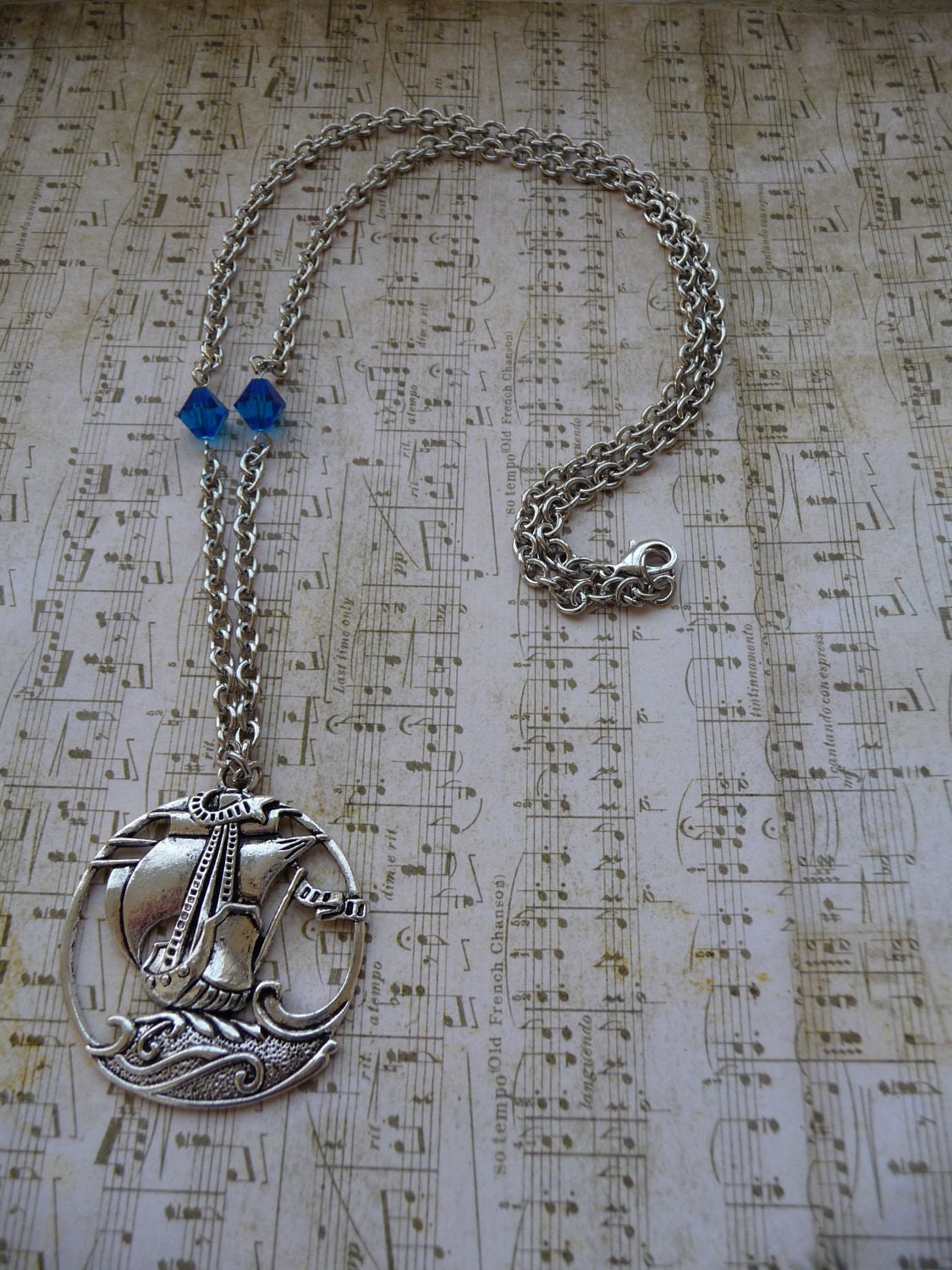Pirate ship sailing the seas Pendant with Swarovski Crystals Necklace by vintagerust