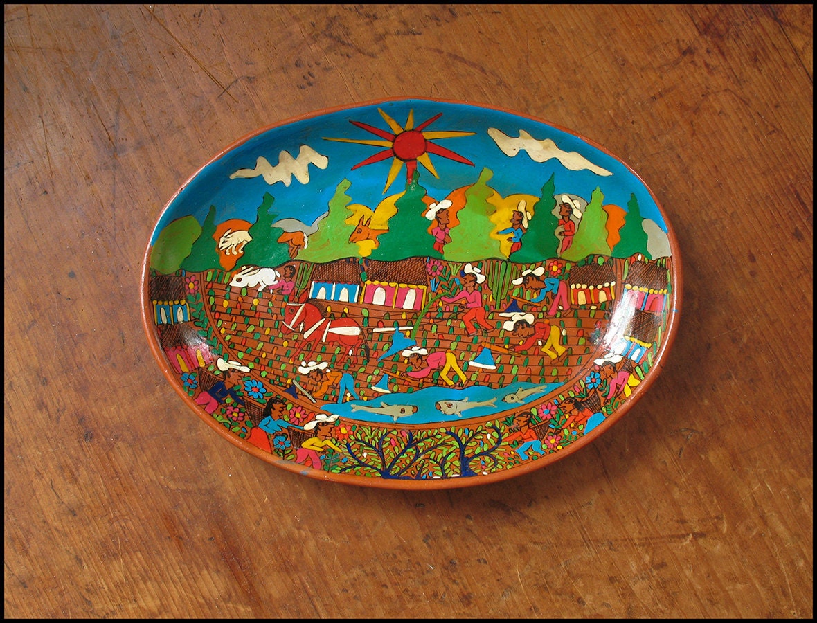 Free Shipping on this Vintage Mexican Folk Art Hand Painted Pottery Display Plate or Serving Dish