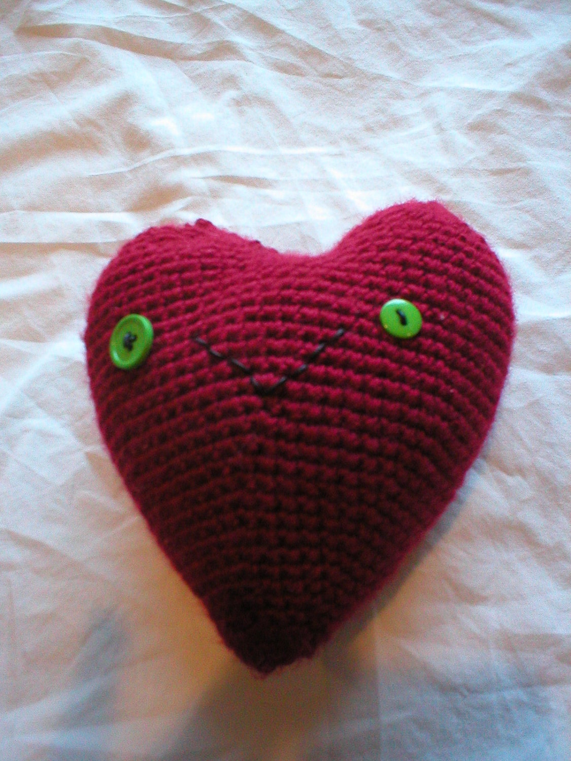 Crochet Heart Stuffed Animal with Mismatched Button Eyes- Kawaii Style Amigurimi, Free Shipping