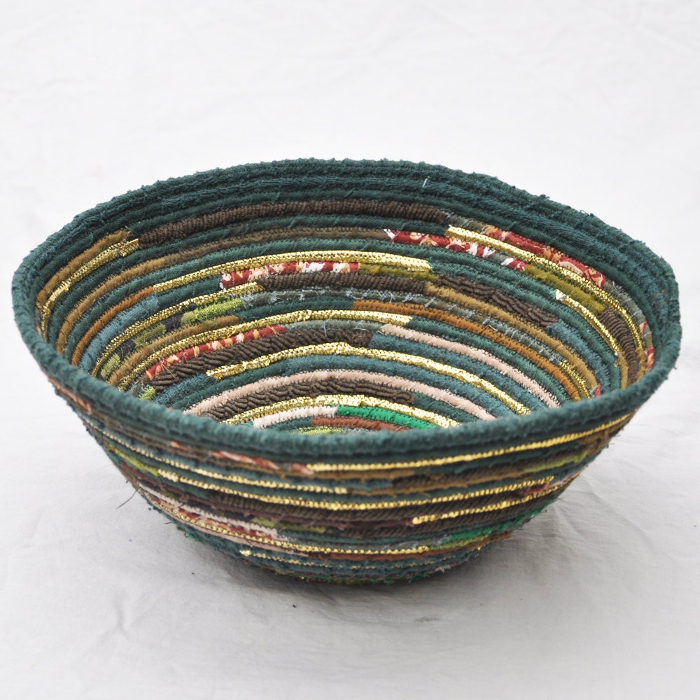 Recycled coiled basket/bowl - green/brown