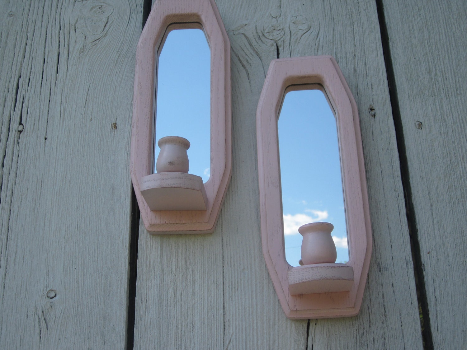 Mirrored Candle Sconces Set of 2 Pale Pink Wall Grouping Baby Girl Nursery Upcycled Shabby Chic