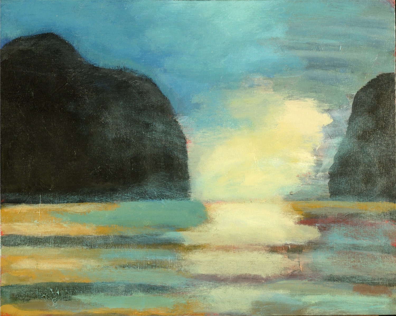 Fine Art Print, Blue Morning Bay, Giclee Print, Acrylic Painting, Mountains, Water, Waves, Blue Sky