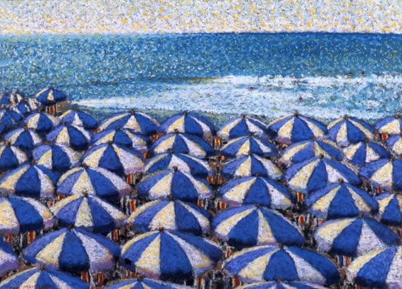 Fine Art Print, Riviera Umbrellas, Italy on the Mediterranean, Small Giclee Print, Pastel Painting, Blue and White Umbrellas, Ocean, Beach