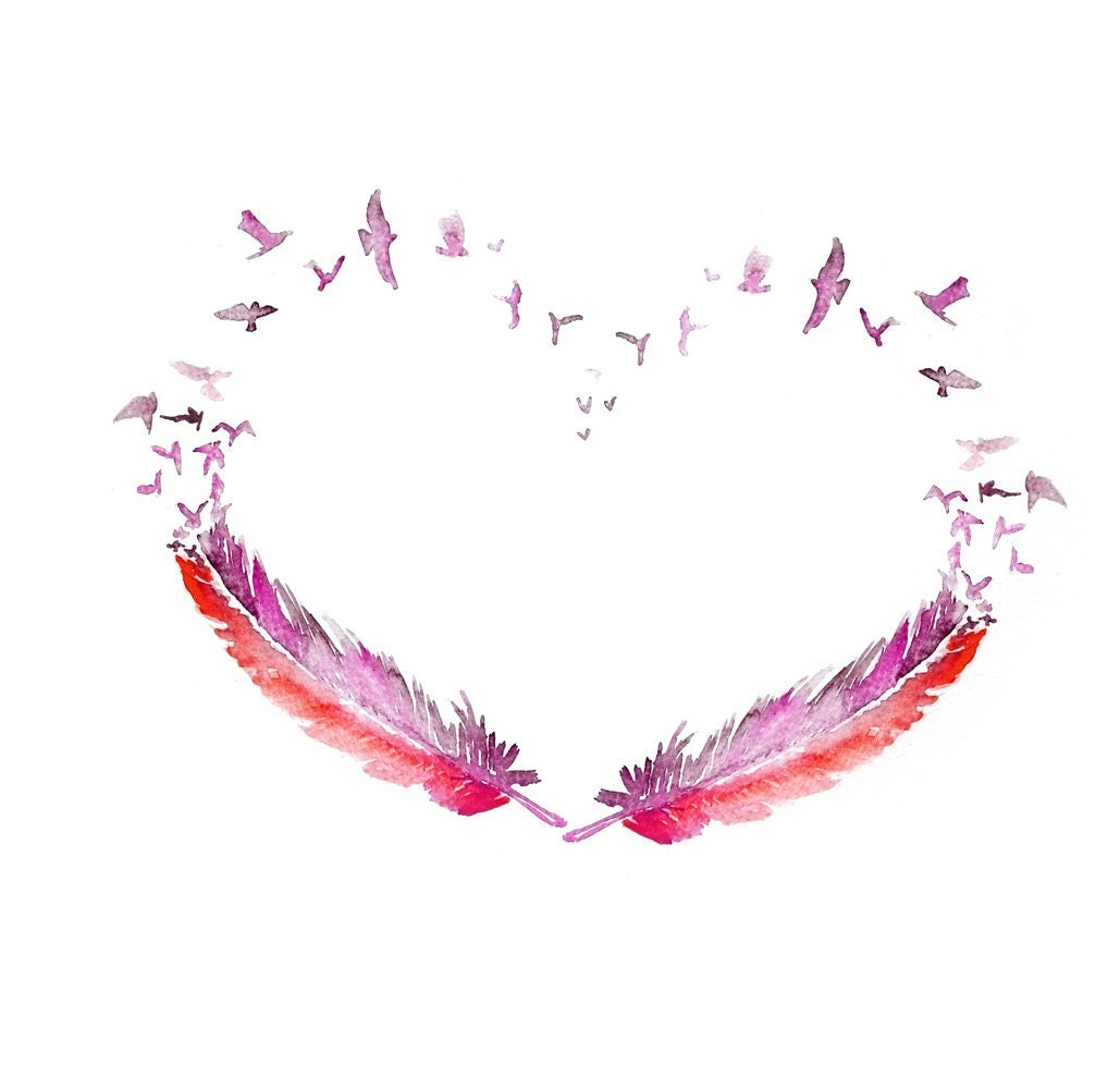 LOVE bird feather ART PRINT 13X19 original watercolor painting illustration home wall decor  modern contemporary reproduction poster