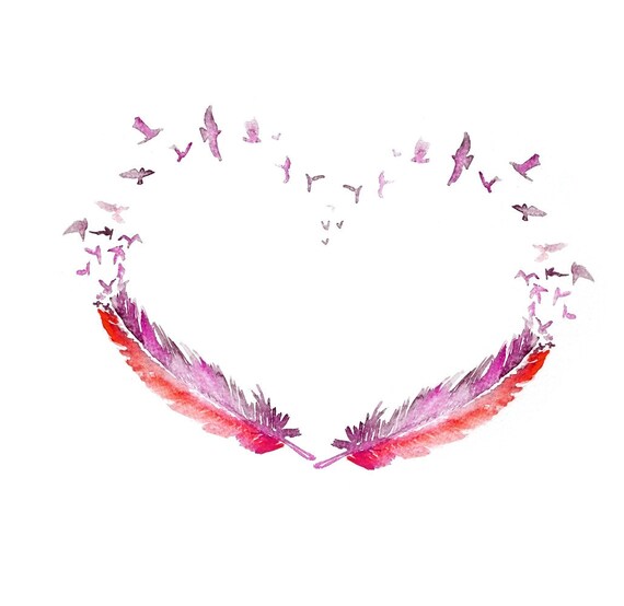 LOVE bird feather ART PRINT 13X19 original watercolor painting illustration home wall decor  modern contemporary reproduction poster
