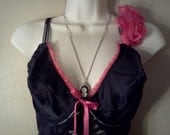 Custom Sexy Lingerie  Black Satin and Lace with Hot Pink Trimmed  Baby Doll.
