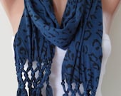 ON SALE - Dark Blue and Black Leopard Scarf