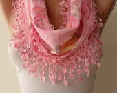Pink Scarf with Pink Trim Edge - Flowered Fabric - Summer Colors