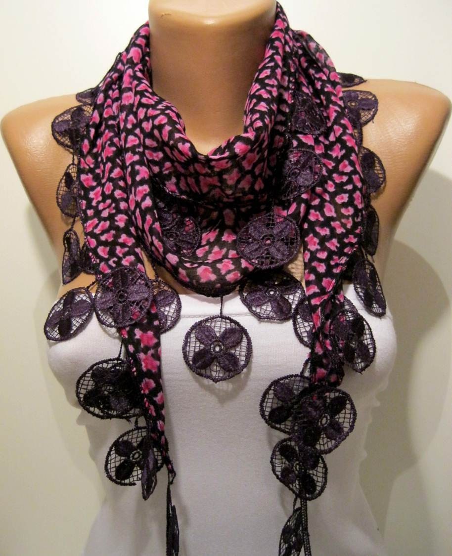 Pink and Dark Purple Elegance Shawl / Scarf with Lace Edge
