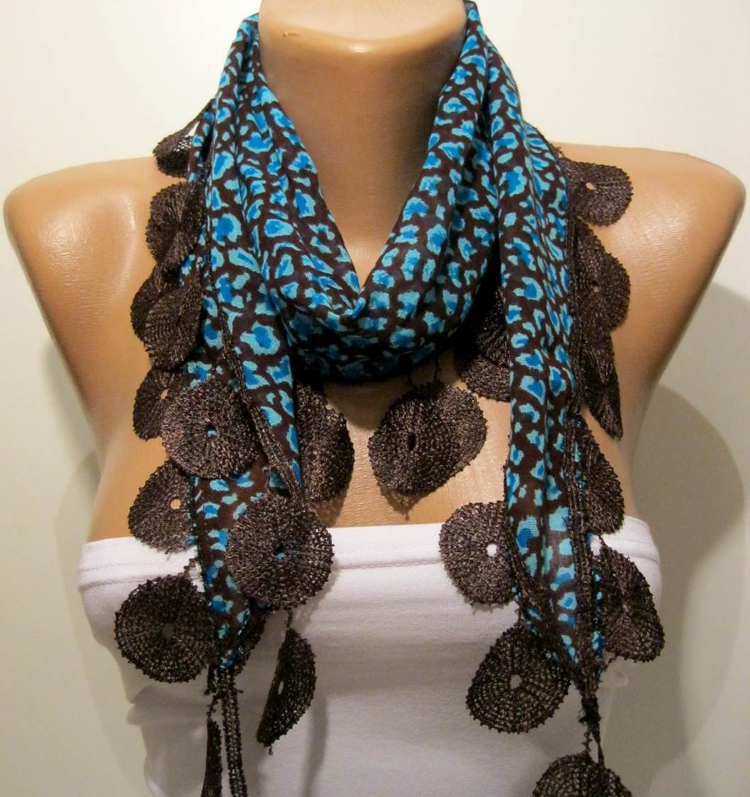 Blue and Brown - Leopard Print Fabric with Brown Trim Edge