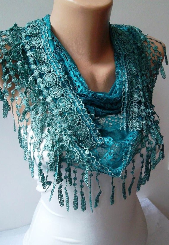 Turqouise Lace and Elegance Shawl / Scarf - with Lace Edge