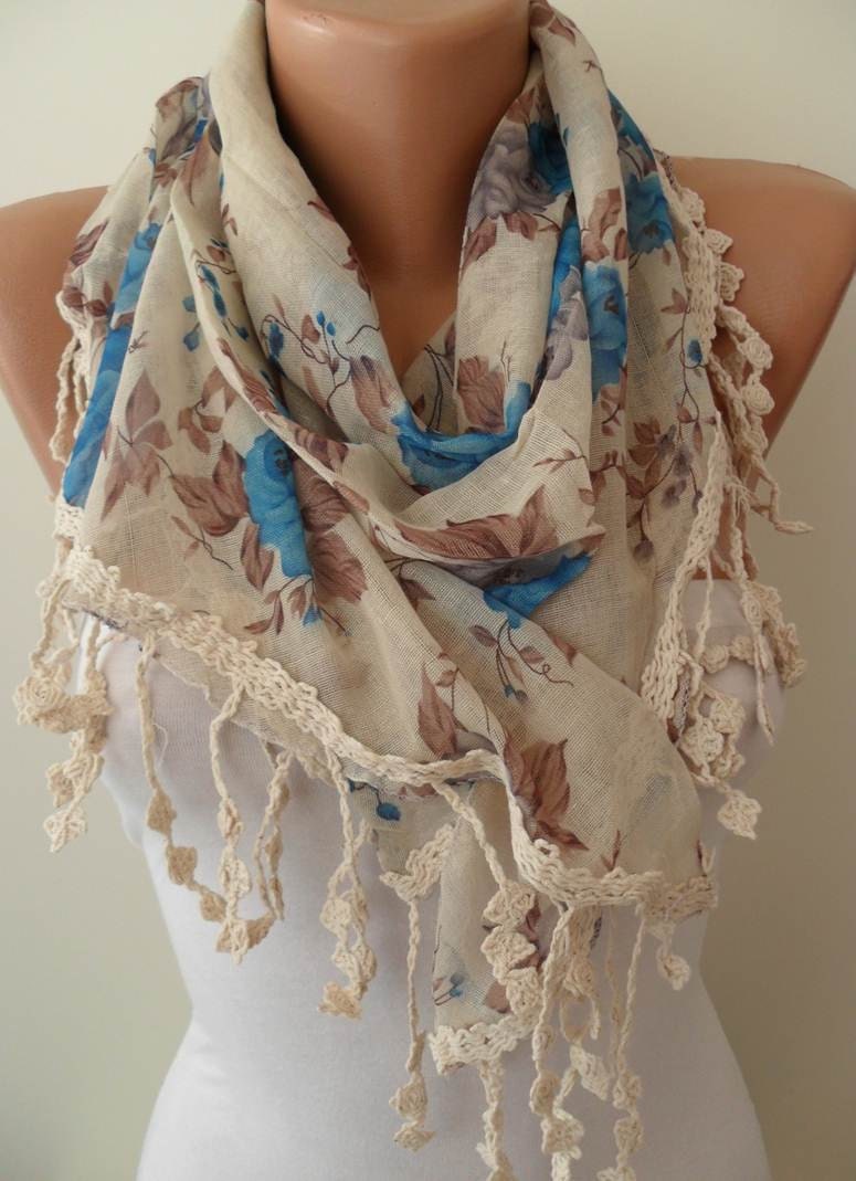 New - Triangular - Linen Scarf - Blue and Beige Scarf with BeigeTrim Edge - Vintage Look - Linen Scarf