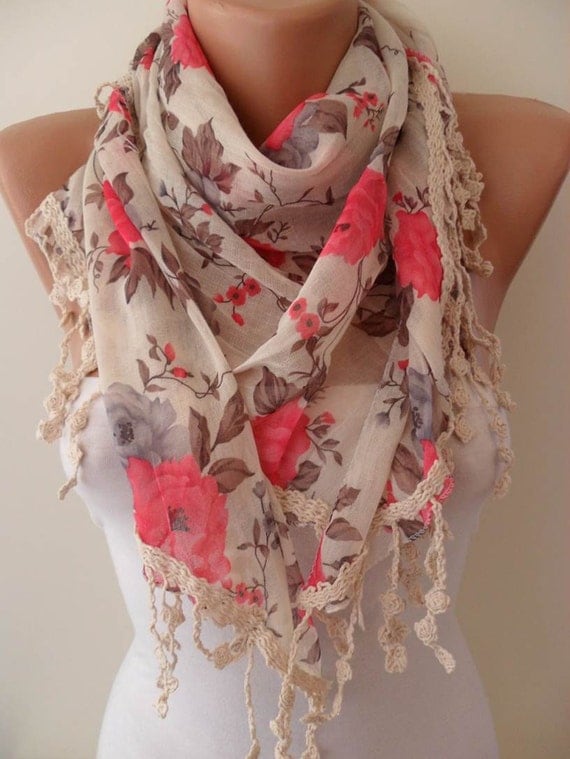 Pink and Flowered Shawl / Scarf - with Lace Edge