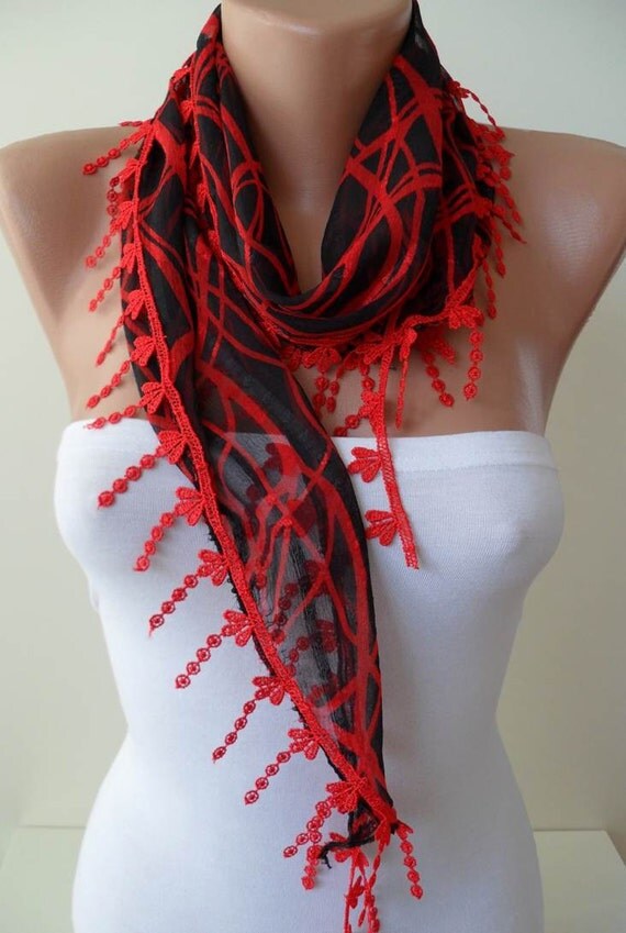 Red Shawl / Scarf with Red Trim Edge