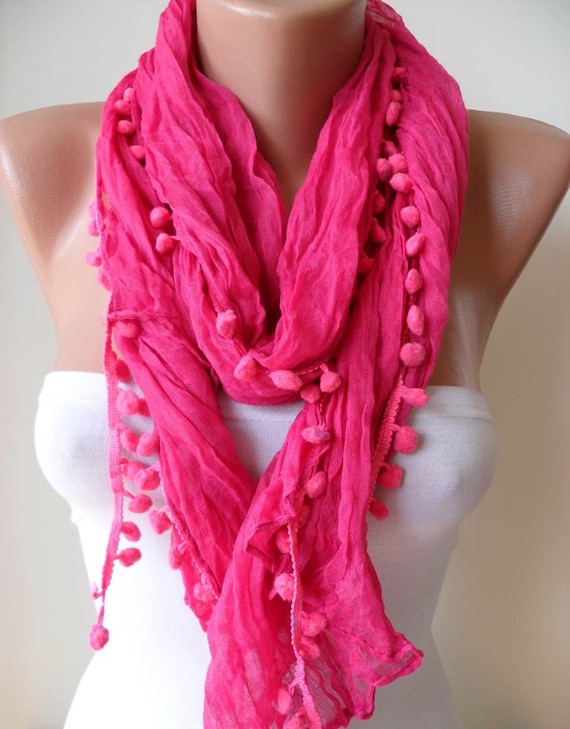 Pink Cotton Scarf with Pompom Trim --