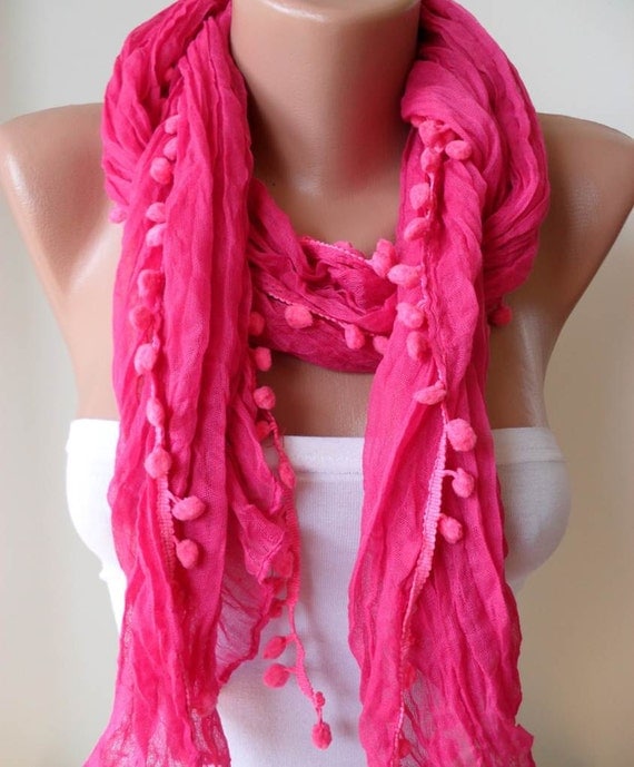 Pink Cotton Scarf with Pompom Trim --