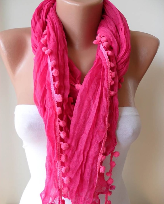 Pink Cotton Scarf with Pompom Trim --
