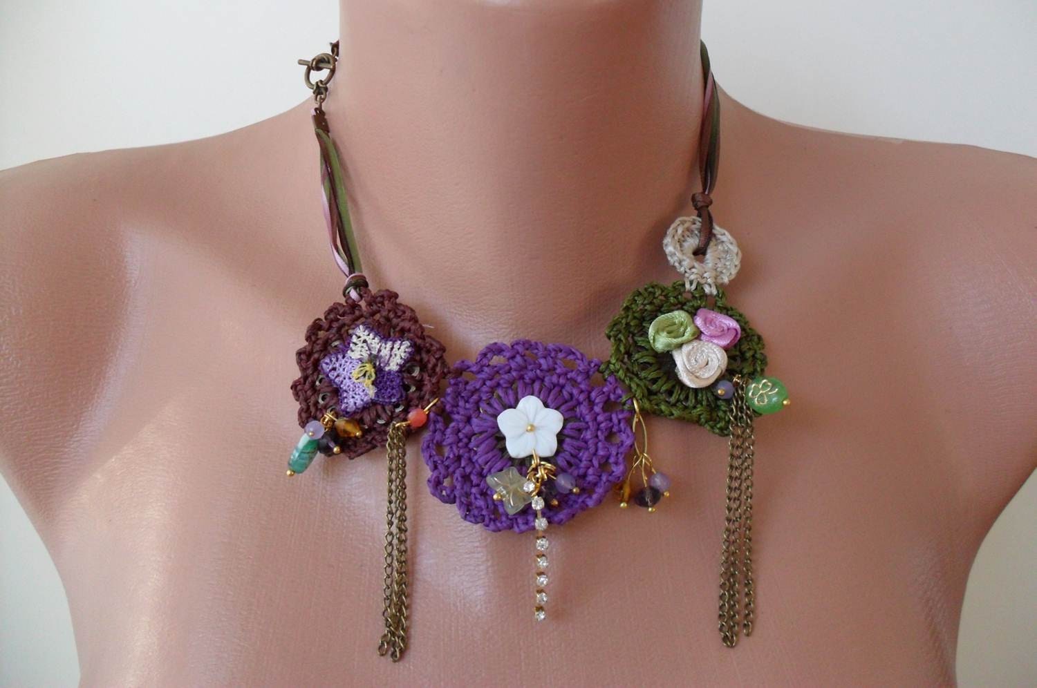 Crochet Necklace with Lace and Fabric Flowers - Speacial Design