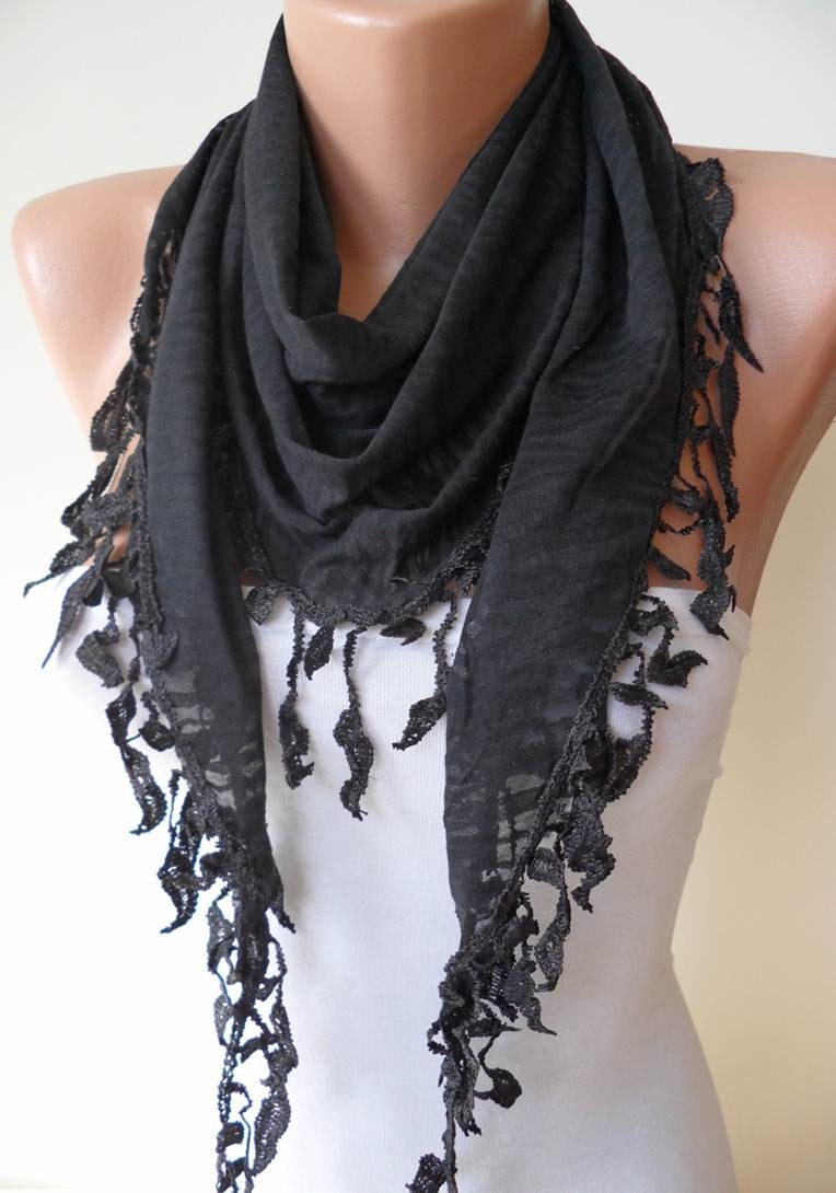 Triangular - Black Cotton Scarf with Trim Edge -Leopard Fabric