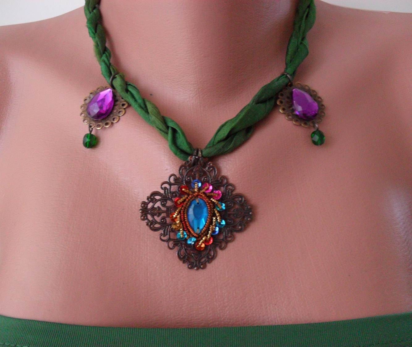 Green and Fuschia Necklace with Silk and Ethnic Items - Speacial Design