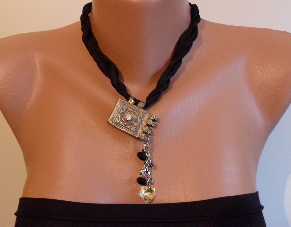 Black Necklace with Svarowski Heart and Crystals and Silk - Speacial Design