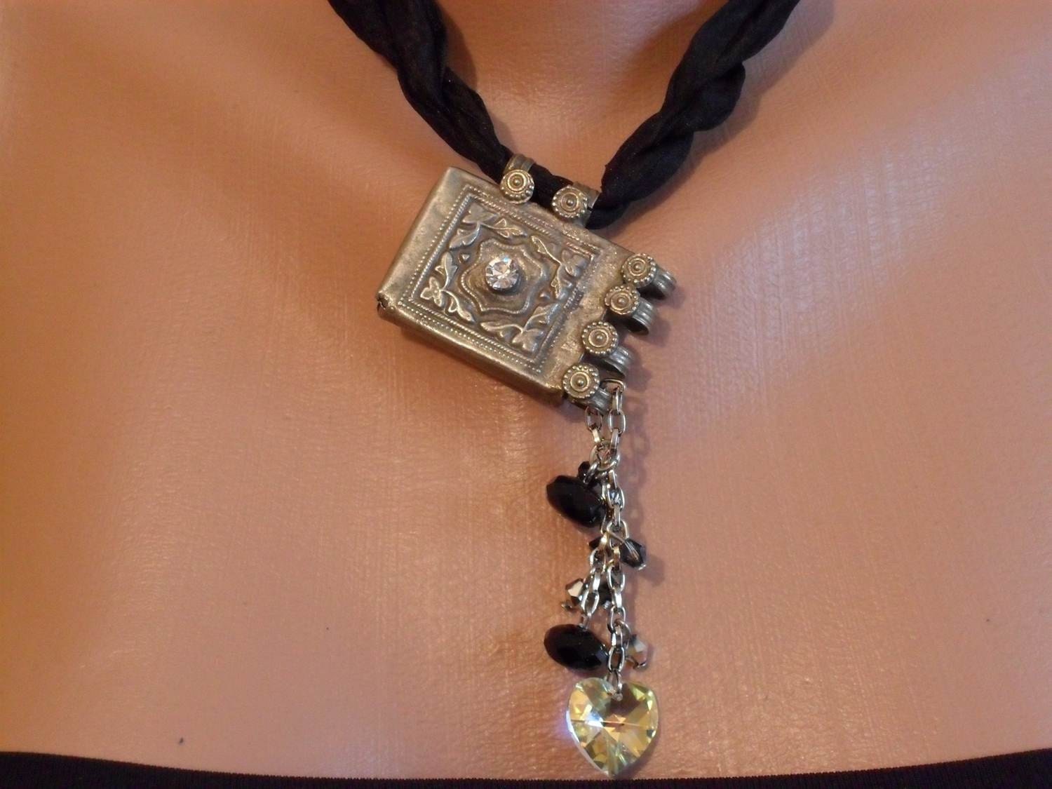 Black Necklace with Svarowski Heart and Crystals and Silk - Speacial Design