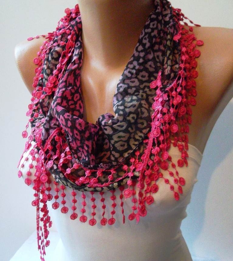 Leopard Print - Pink Scarf with Pink Trim Edge