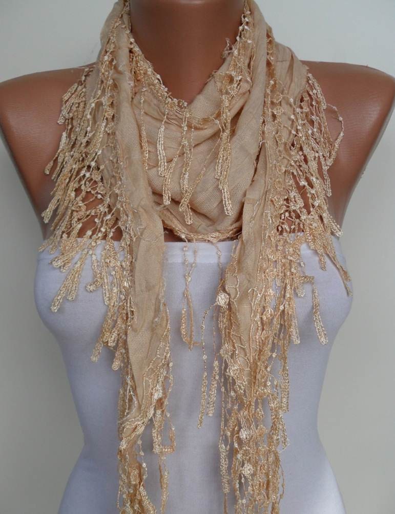 New - Trendy Scarf - Mother's Day Gift- Tan Color Scarf with Tan Trim Edge