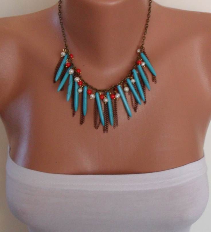 Turquoise - Coral and Pearl Necklace with Chain - Speacial Design