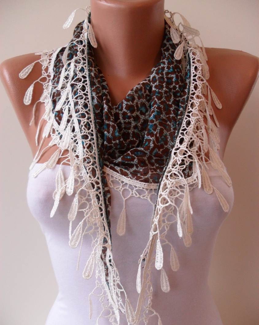Green and Brown Leopard Shawl / Scarf with Lace Edge - NEW SPRING TREND