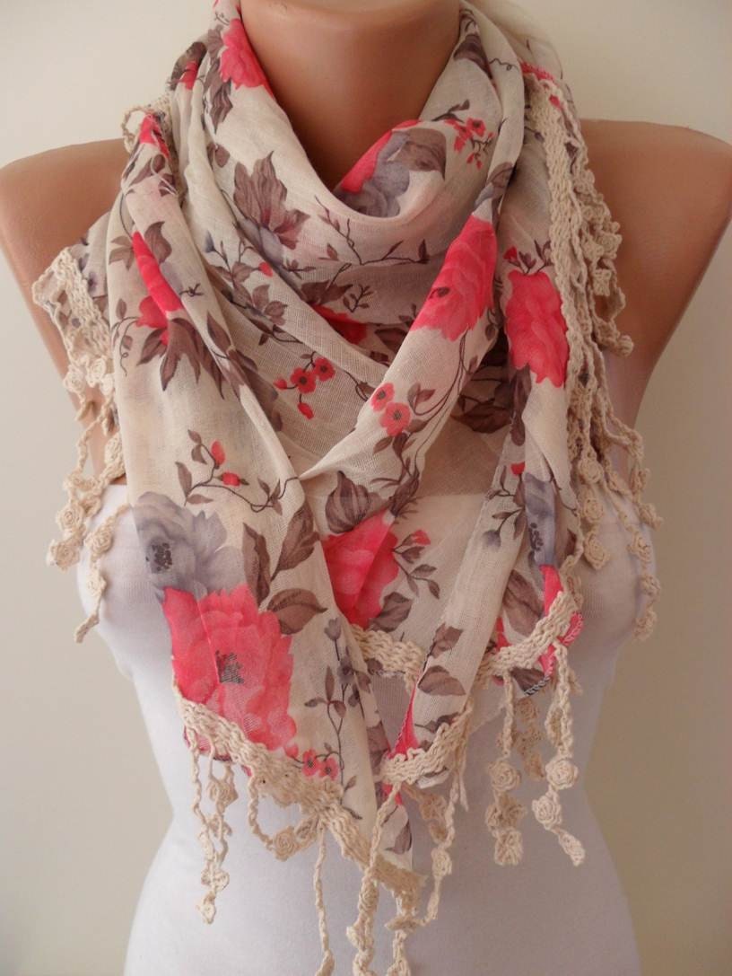 Pink and Flowered Shawl / Scarf - with Lace Edge
