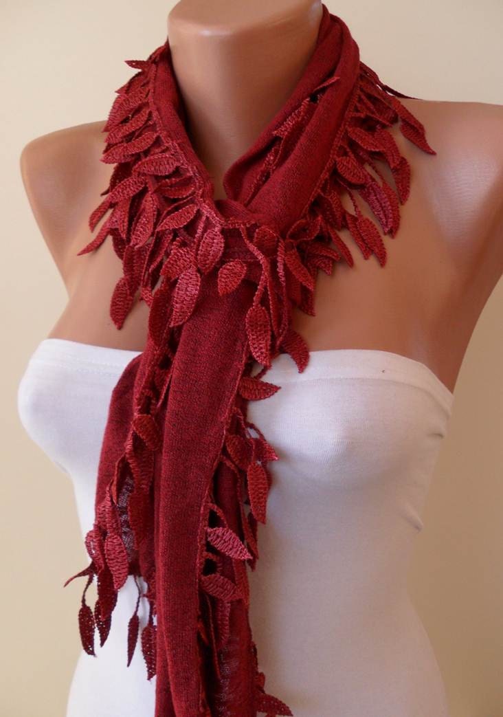 Burgundy Scarf with Burgundy Trim Edge Shaped Leaves - New